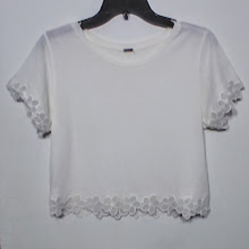 Poof Women's White Top with Floral lace trim-Short sleeves Size: S